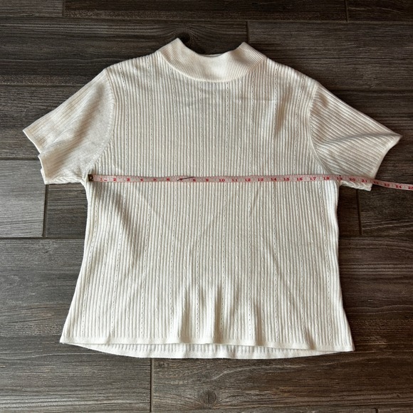 90s Women's Cream Ribbed Mock Neck Short Sleeve Top XL Classic Vintage Workwear - Picture 3 of 5
